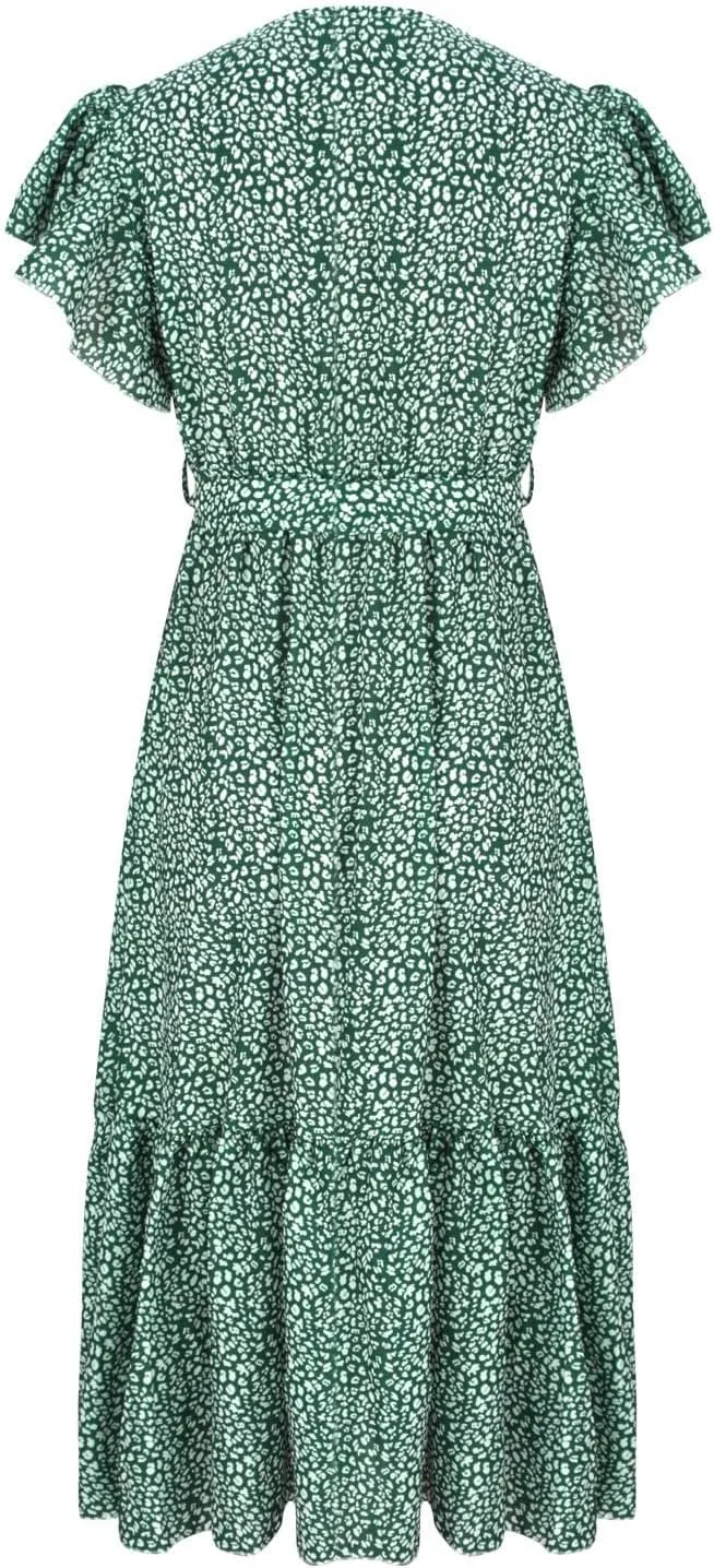 Womens Flowy Chiffon Dresses Summer 2024 Trendy Floral Print V Neck Aline Sundress Belted Ruffle Cap Sleeve Midi Dress
