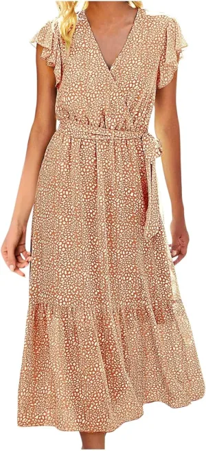 Womens Flowy Chiffon Dresses Summer 2024 Trendy Floral Print V Neck Aline Sundress Belted Ruffle Cap Sleeve Midi Dress