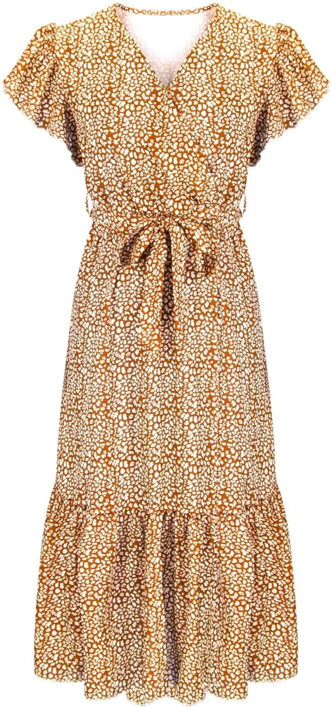Womens Flowy Chiffon Dresses Summer 2024 Trendy Floral Print V Neck Aline Sundress Belted Ruffle Cap Sleeve Midi Dress