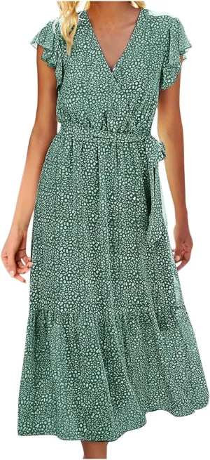 Womens Flowy Chiffon Dresses Summer 2024 Trendy Floral Print V Neck Aline Sundress Belted Ruffle Cap Sleeve Midi Dress