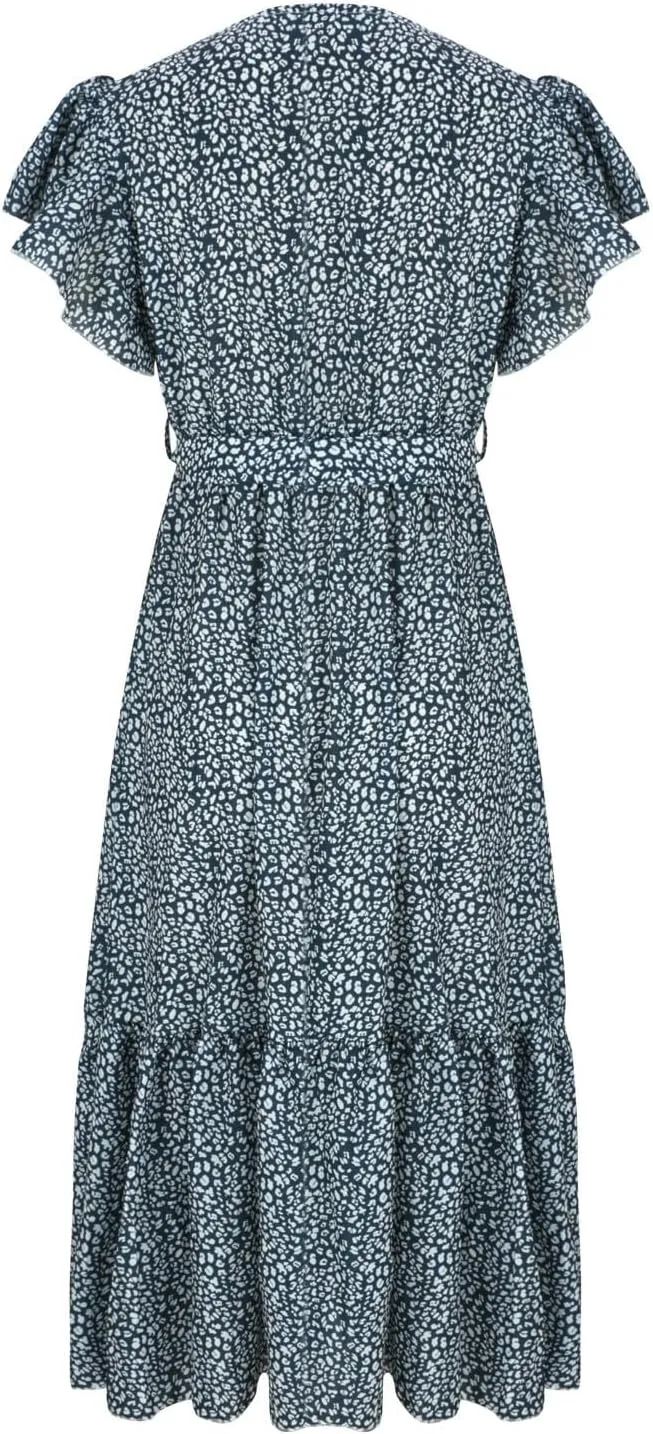 Womens Flowy Chiffon Dresses Summer 2024 Trendy Floral Print V Neck Aline Sundress Belted Ruffle Cap Sleeve Midi Dress