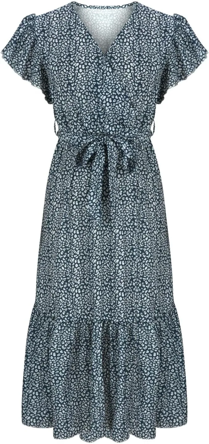 Womens Flowy Chiffon Dresses Summer 2024 Trendy Floral Print V Neck Aline Sundress Belted Ruffle Cap Sleeve Midi Dress