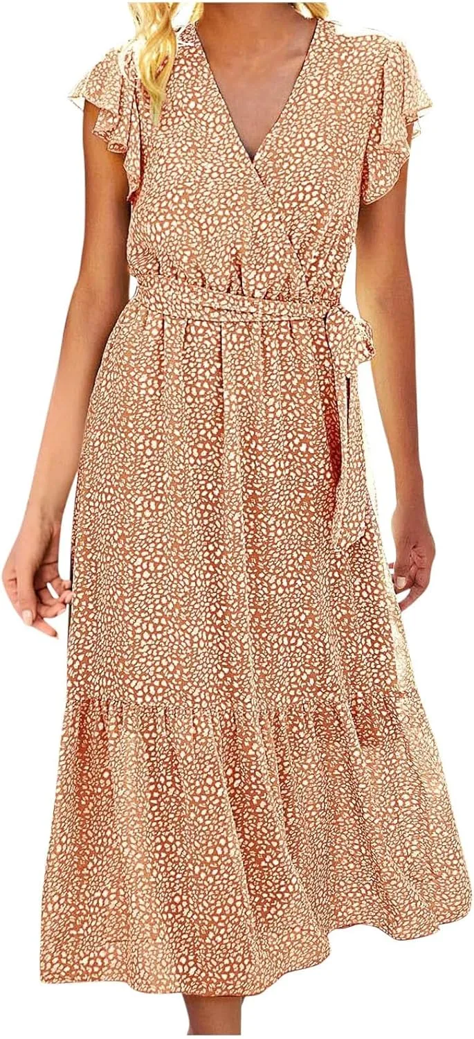 Womens Flowy Chiffon Dresses Summer 2024 Trendy Floral Print V Neck Aline Sundress Belted Ruffle Cap Sleeve Midi Dress