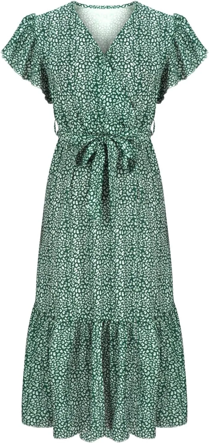 Womens Flowy Chiffon Dresses Summer 2024 Trendy Floral Print V Neck Aline Sundress Belted Ruffle Cap Sleeve Midi Dress