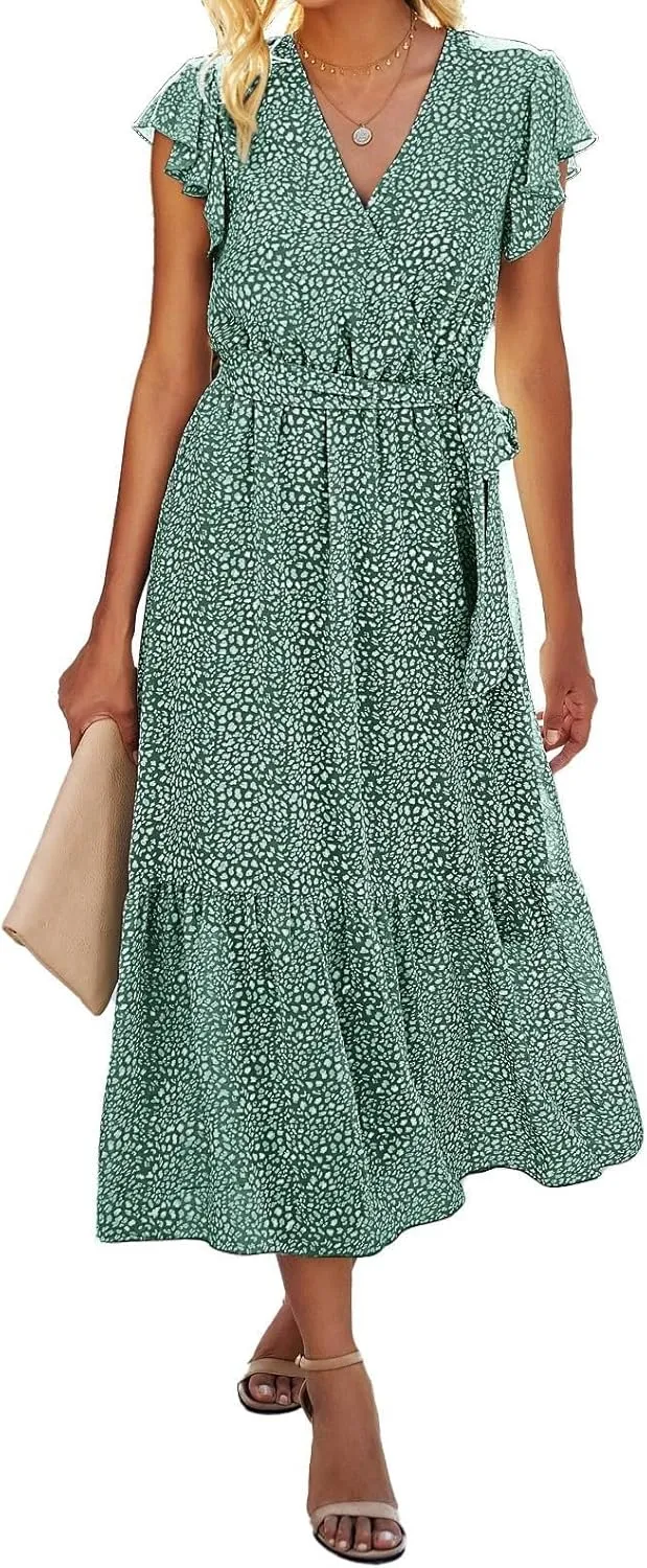 Womens Flowy Chiffon Dresses Summer 2024 Trendy Floral Print V Neck Aline Sundress Belted Ruffle Cap Sleeve Midi Dress