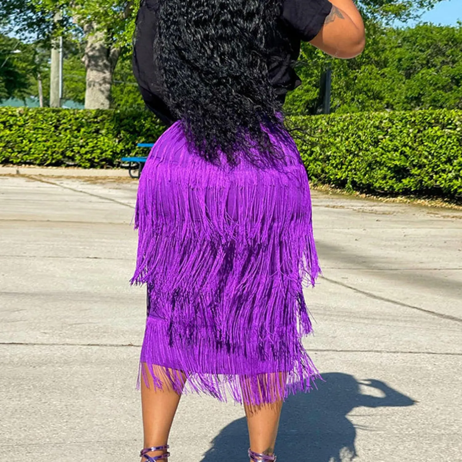 Women's Fringe Trim High Waist Pencil Bodycon Skirts Sexy Elegant Fringe Long Maxi Skirt Tassel Tiered Solid Party Dress