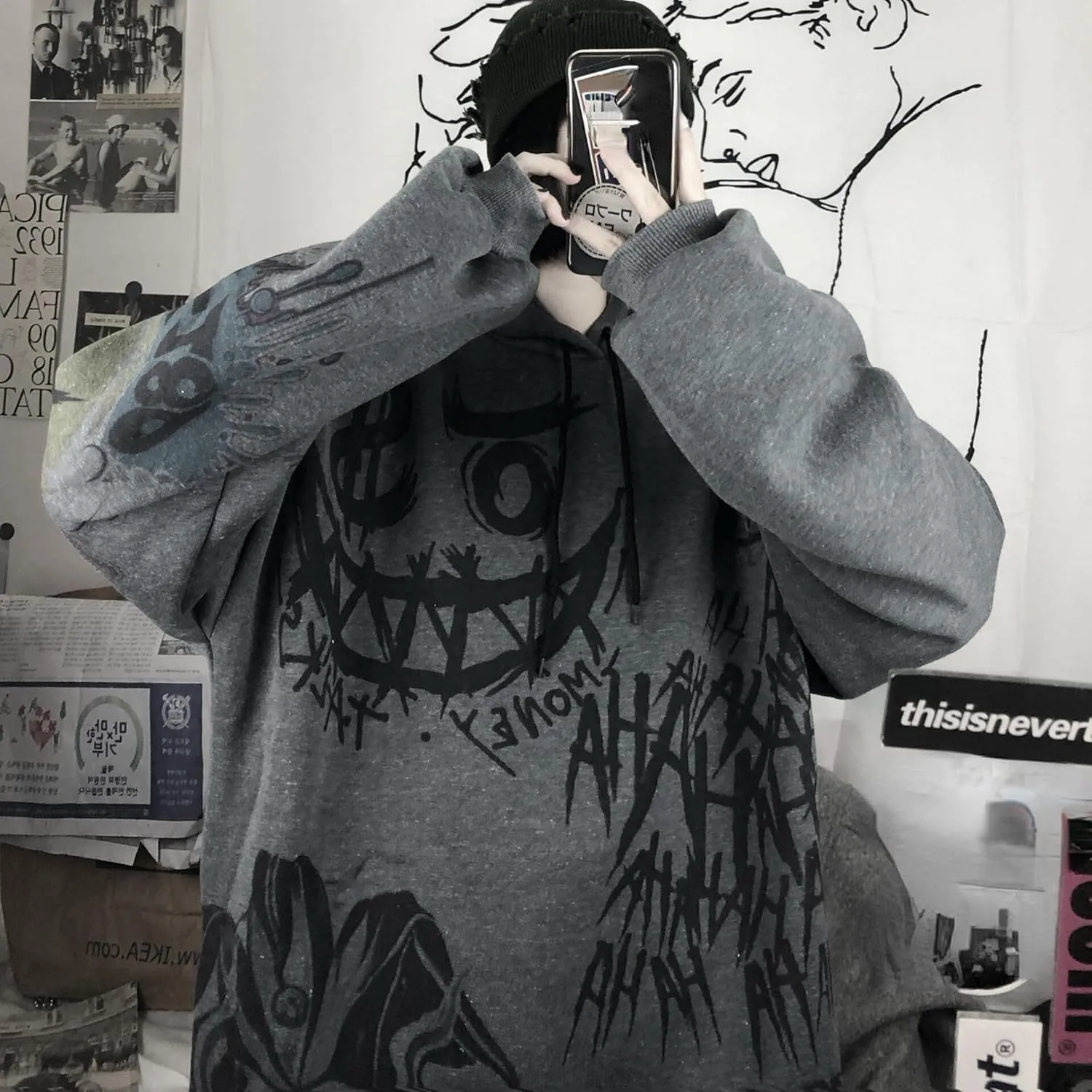 Womens Goth Graffiti Graphic Hoodies Y2K Dark Academia Oversized Hoodie Baggy Pullover Sweatshirt Punk Clothes