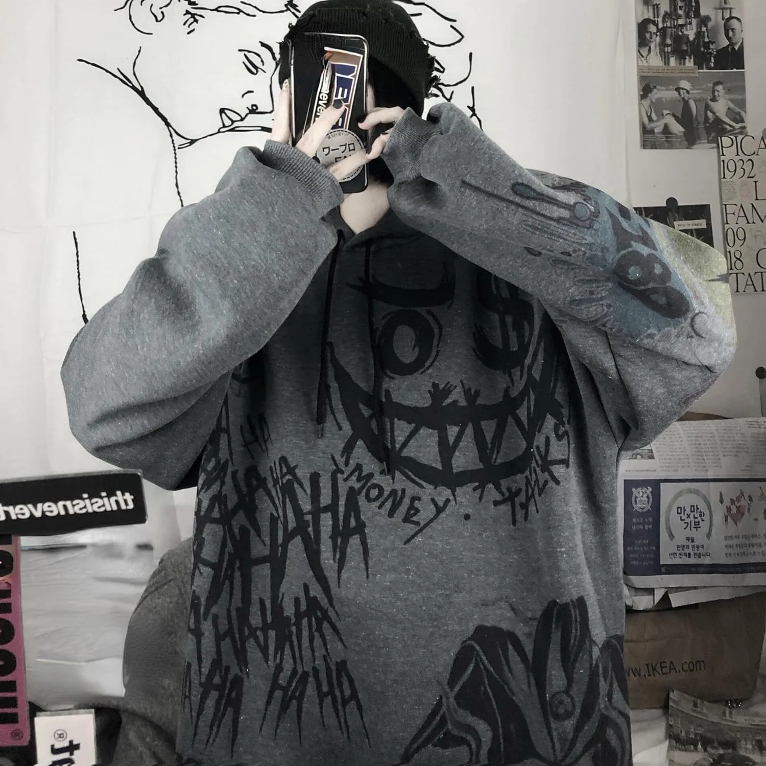Womens Goth Graffiti Graphic Hoodies Y2K Dark Academia Oversized Hoodie Baggy Pullover Sweatshirt Punk Clothes