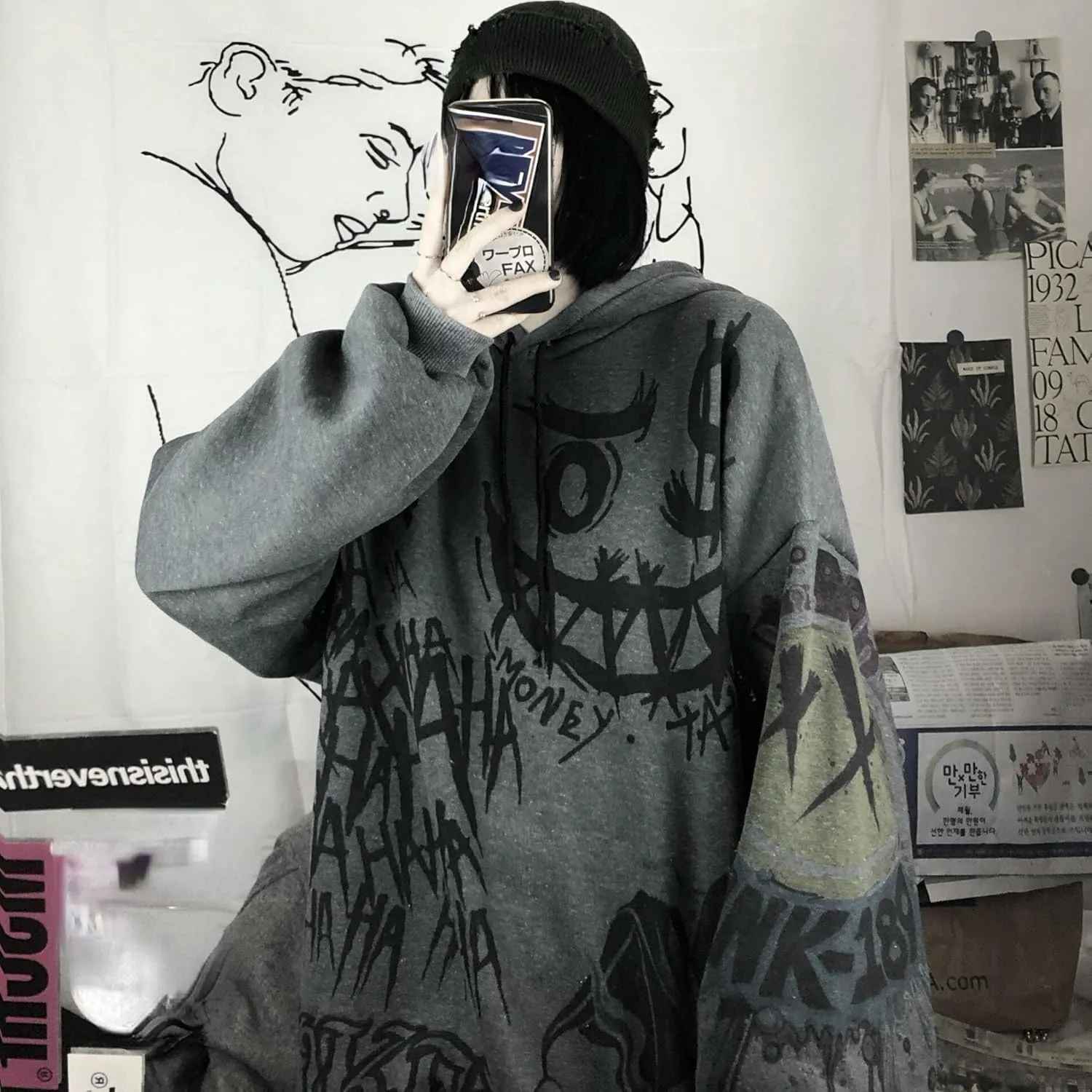 Womens Goth Graffiti Graphic Hoodies Y2K Dark Academia Oversized Hoodie Baggy Pullover Sweatshirt Punk Clothes