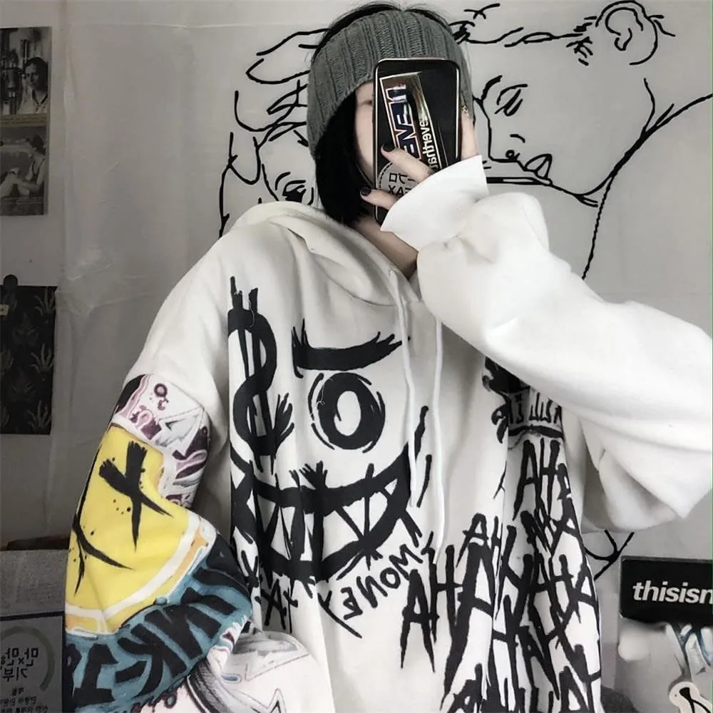 Womens Goth Graffiti Graphic Hoodies Y2K Dark Academia Oversized Hoodie Baggy Pullover Sweatshirt Punk Clothes