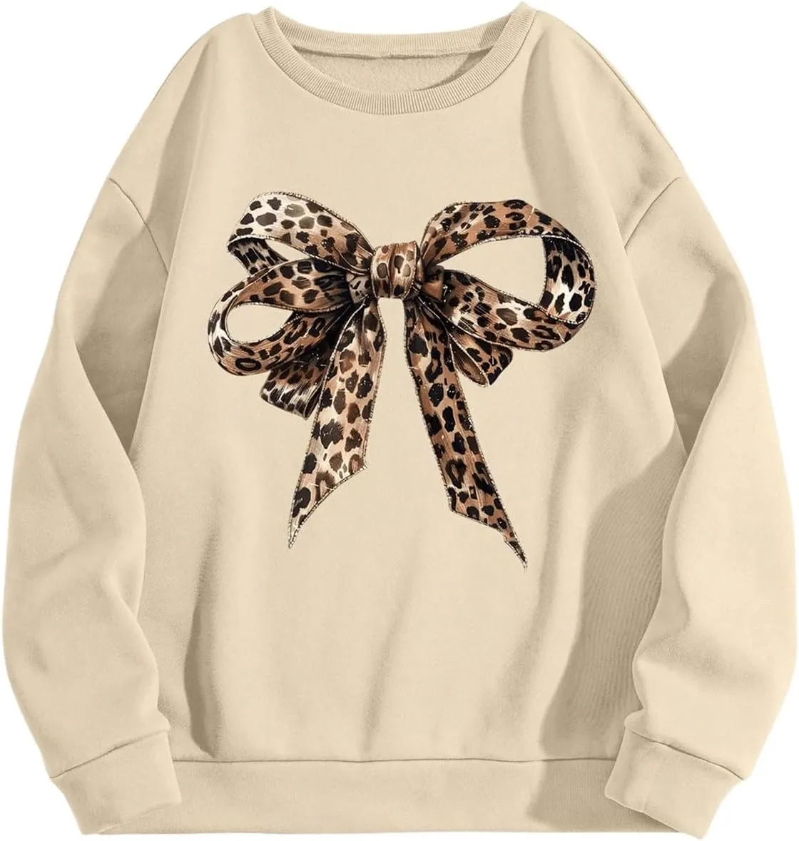 Women's Graphic Leopard Crewneck Sweatshirt Cheetah Bow Knot Long Sleeve Pullover Tops