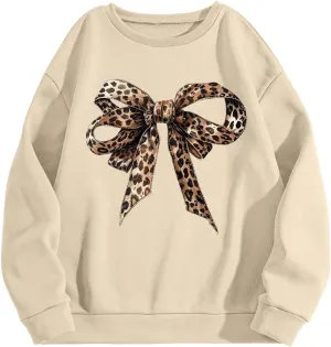 Women's Graphic Leopard Crewneck Sweatshirt Cheetah Bow Knot Long Sleeve Pullover Tops