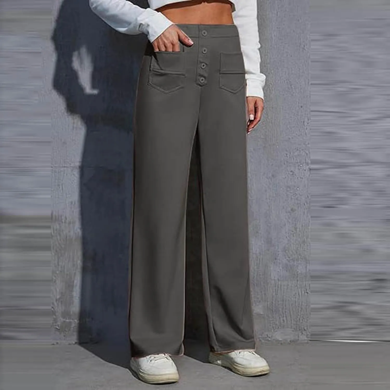 Women's High Waist Casual Pants Summer Stretchy Straight Wide Leg Trendy Flowy Pants with Pockets Loose Trousers