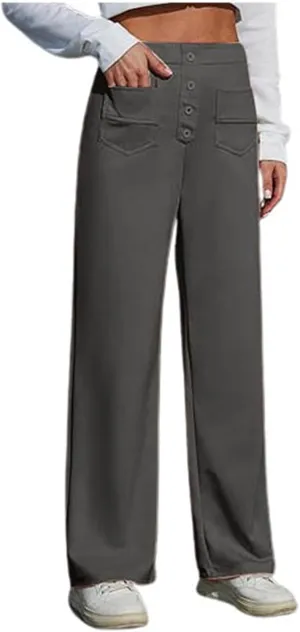 Women's High Waist Casual Pants Summer Stretchy Straight Wide Leg Trendy Flowy Pants with Pockets Loose Trousers