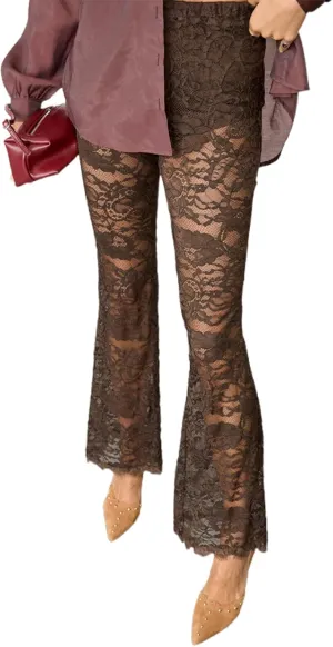 Womens High Waist Lace Sheer Mesh Pants Sexy See Through Flare Bell Trouser Y2K Wide Leg Club Grunge Bottoms