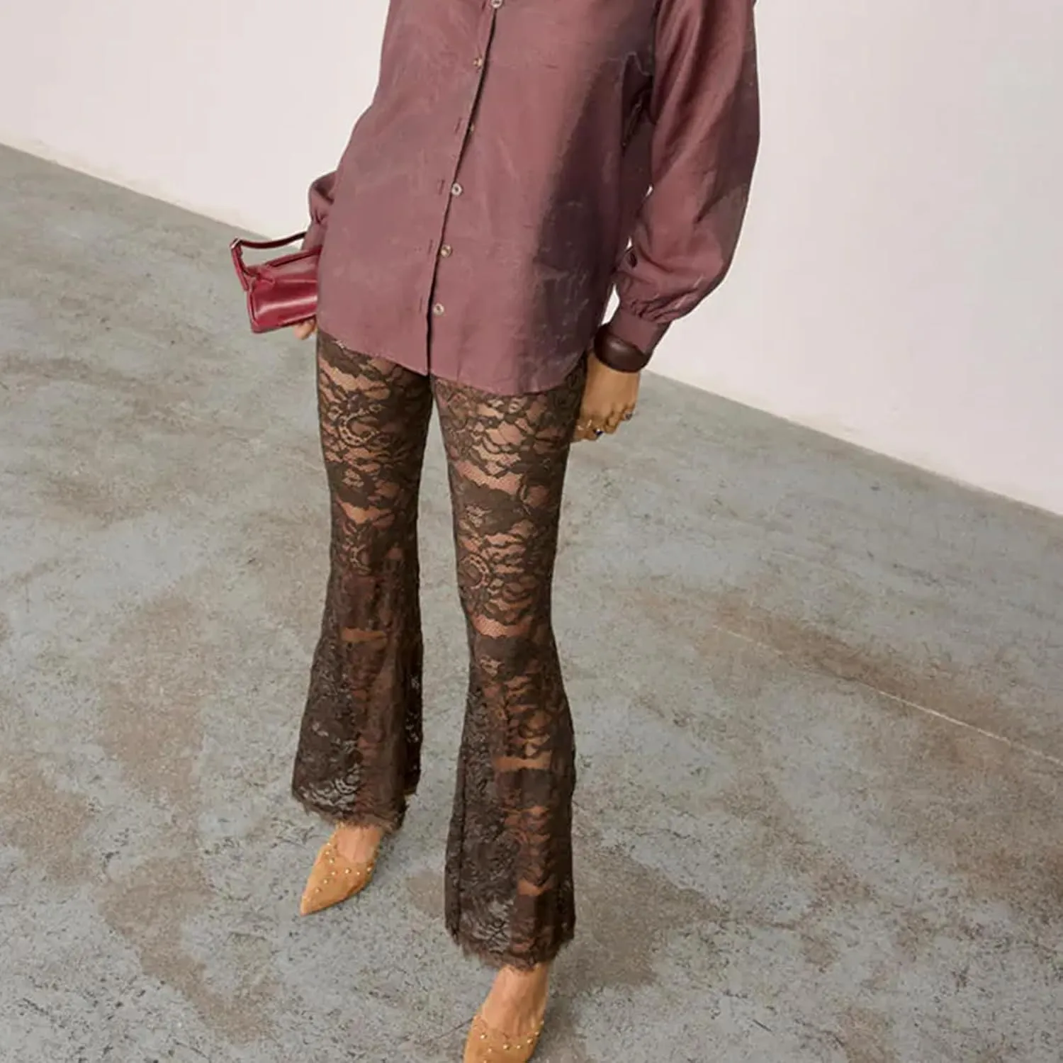 Womens High Waist Lace Sheer Mesh Pants Sexy See Through Flare Bell Trouser Y2K Wide Leg Club Grunge Bottoms