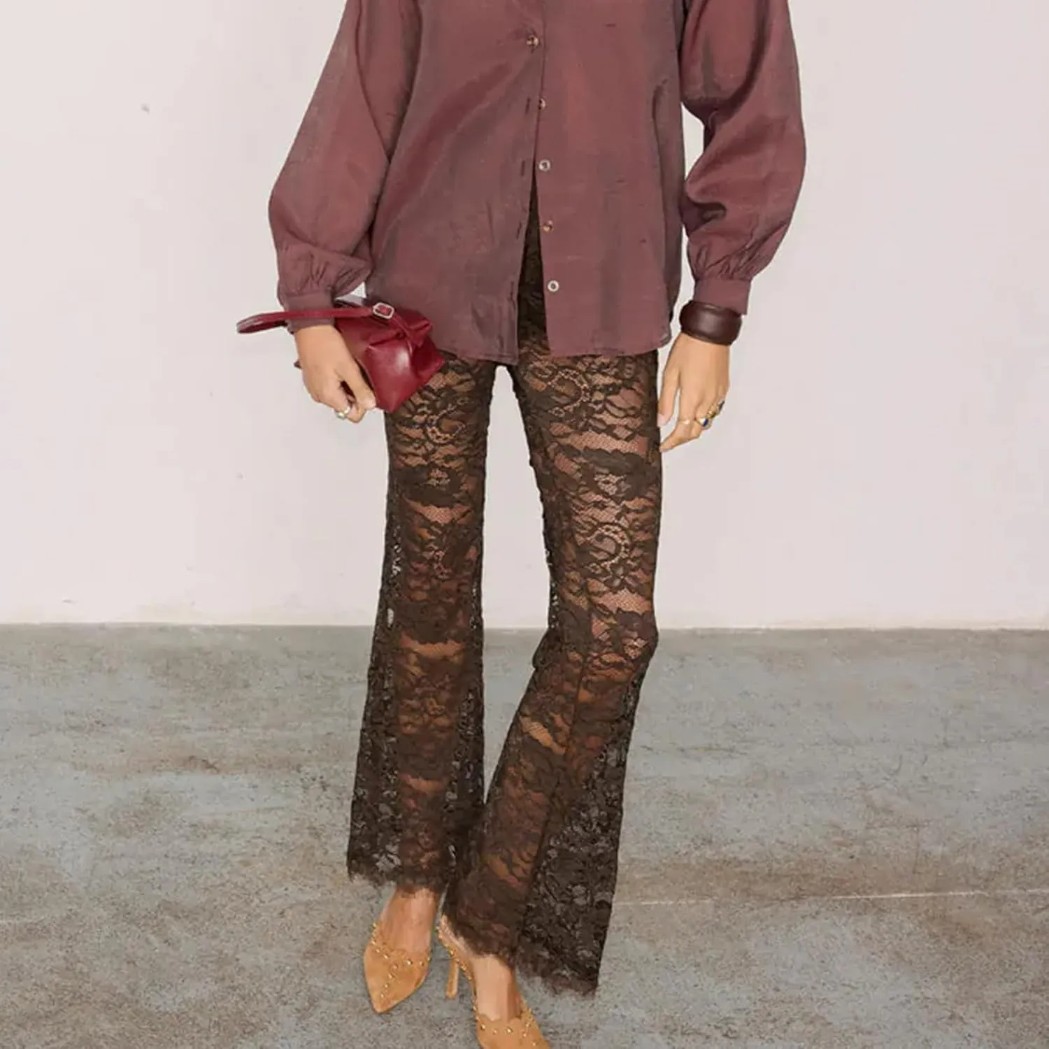 Womens High Waist Lace Sheer Mesh Pants Sexy See Through Flare Bell Trouser Y2K Wide Leg Club Grunge Bottoms