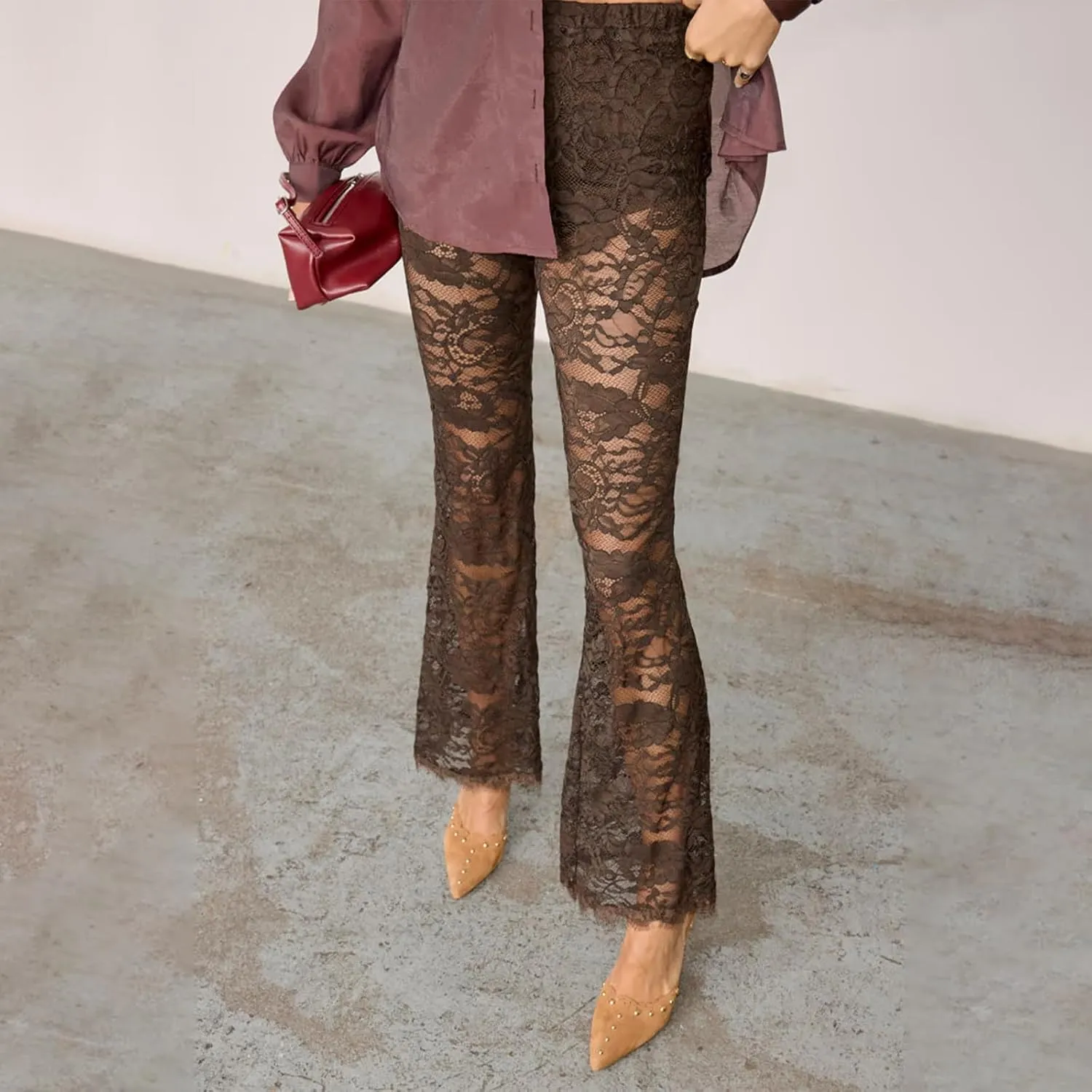 Womens High Waist Lace Sheer Mesh Pants Sexy See Through Flare Bell Trouser Y2K Wide Leg Club Grunge Bottoms