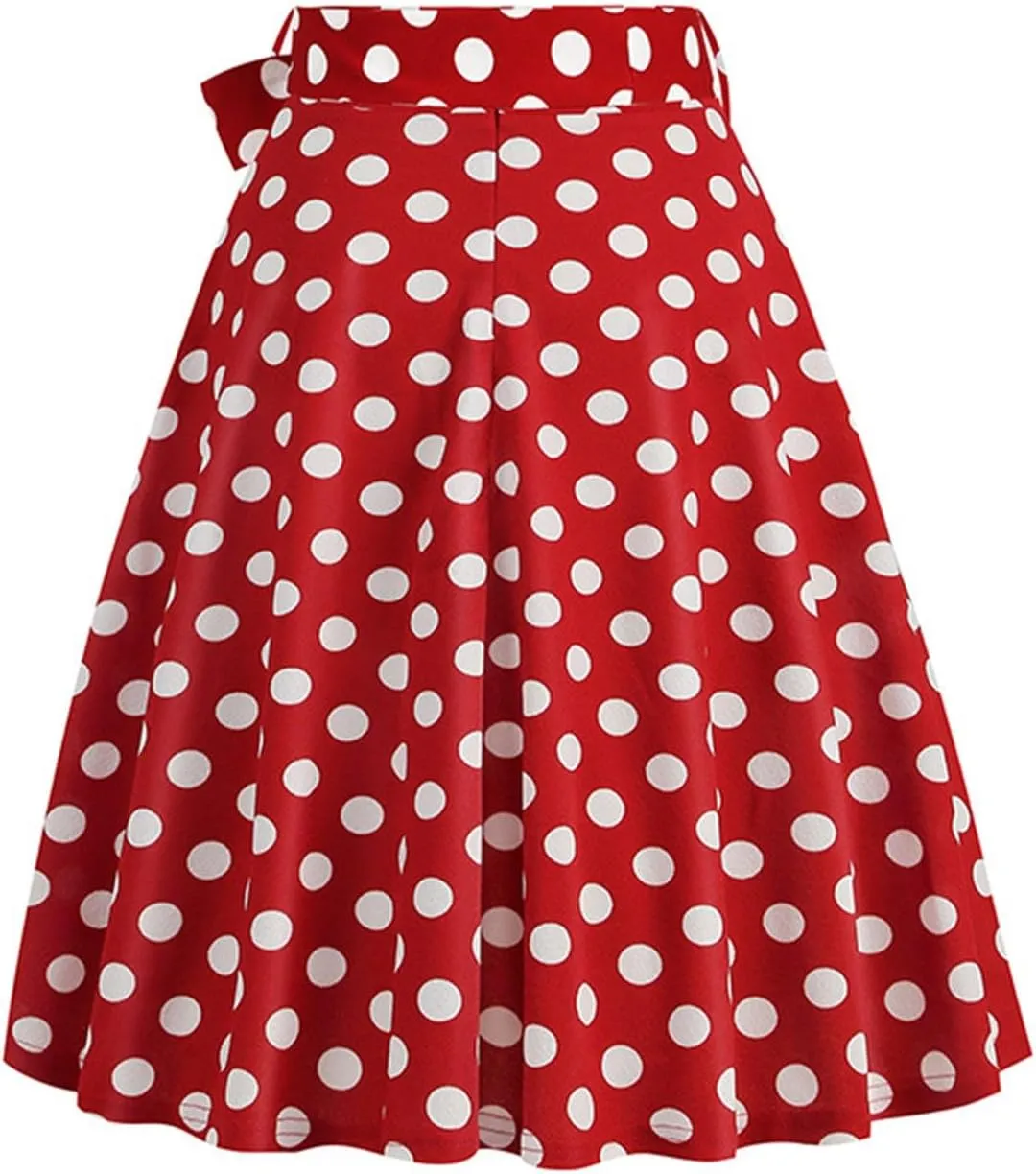 Womens High Waist Polka Dot Pleated Skirt Midi Swing Skirt with Belt A-Line Pleated Vintage Skirts for Women 2024