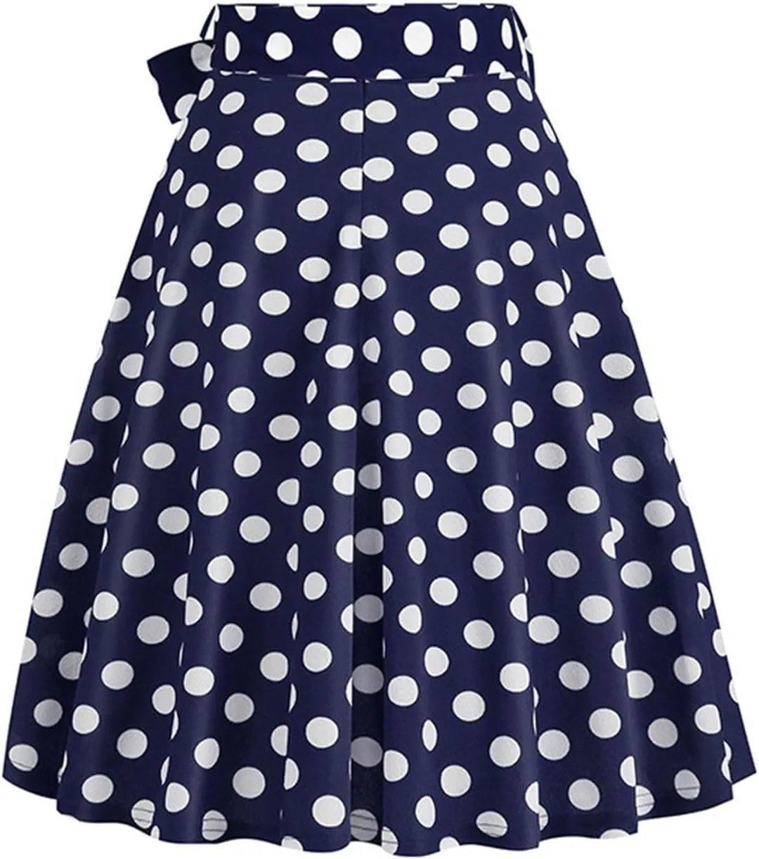 Womens High Waist Polka Dot Pleated Skirt Midi Swing Skirt with Belt A-Line Pleated Vintage Skirts for Women 2024