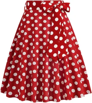 Womens High Waist Polka Dot Pleated Skirt Midi Swing Skirt with Belt A-Line Pleated Vintage Skirts for Women 2024