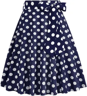 Womens High Waist Polka Dot Pleated Skirt Midi Swing Skirt with Belt A-Line Pleated Vintage Skirts for Women 2024