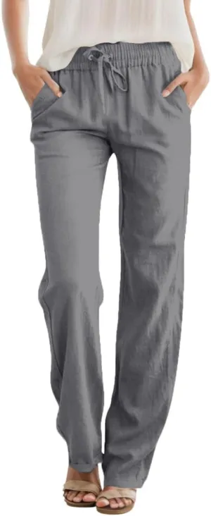 Womens High Waist Summer Casual Pants Drawstring Straight Leg Beach Vacation Lounge Trousers with Pockets
