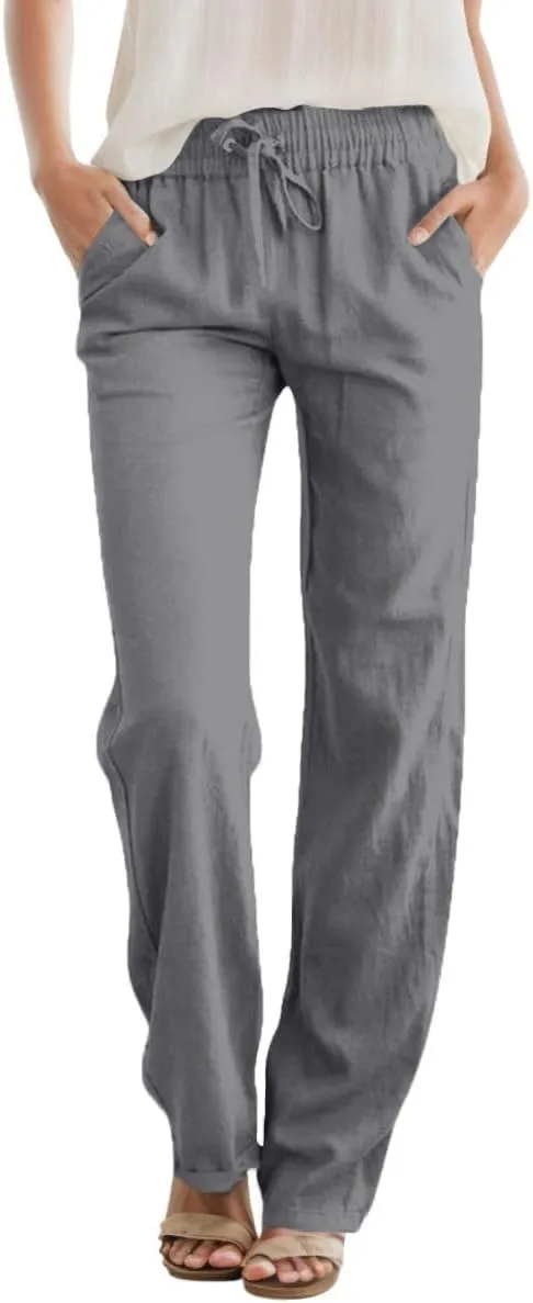 Womens High Waist Summer Casual Pants Drawstring Straight Leg Beach Vacation Lounge Trousers with Pockets