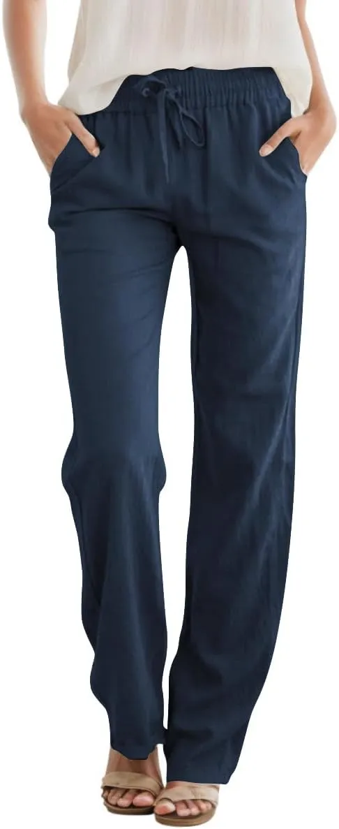 Womens High Waist Summer Casual Pants Drawstring Straight Leg Beach Vacation Lounge Trousers with Pockets