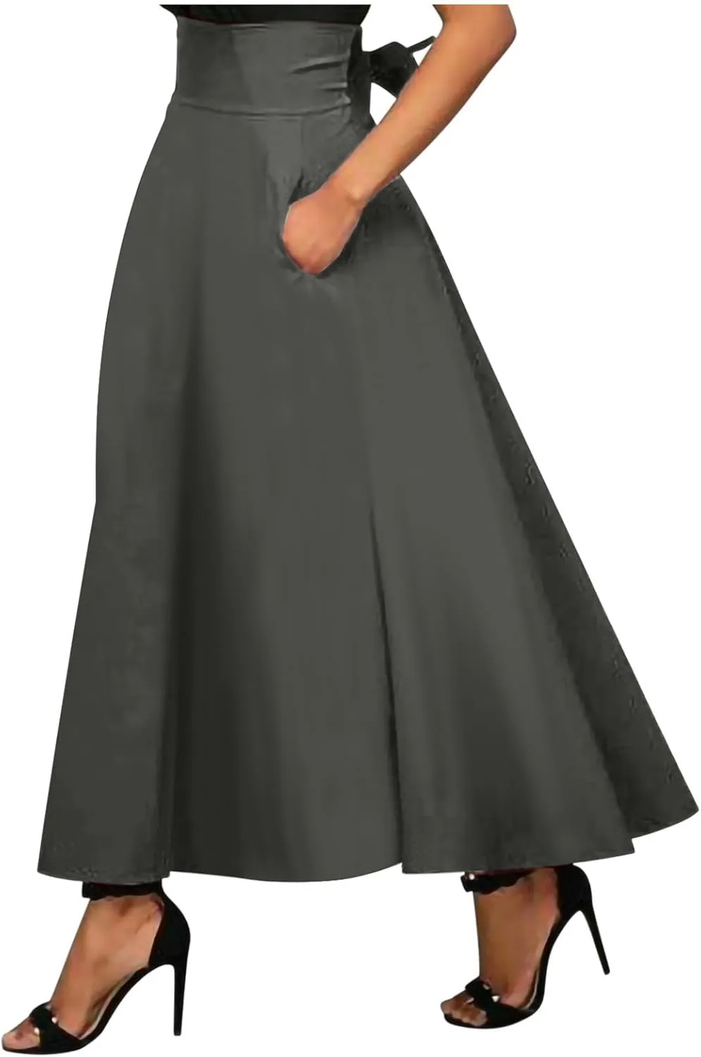Women's High Waisted A line Street Skirt Skater Pleated Full Maxi Skirt Ankle Length Flowy Vintage Skirt with Pockets