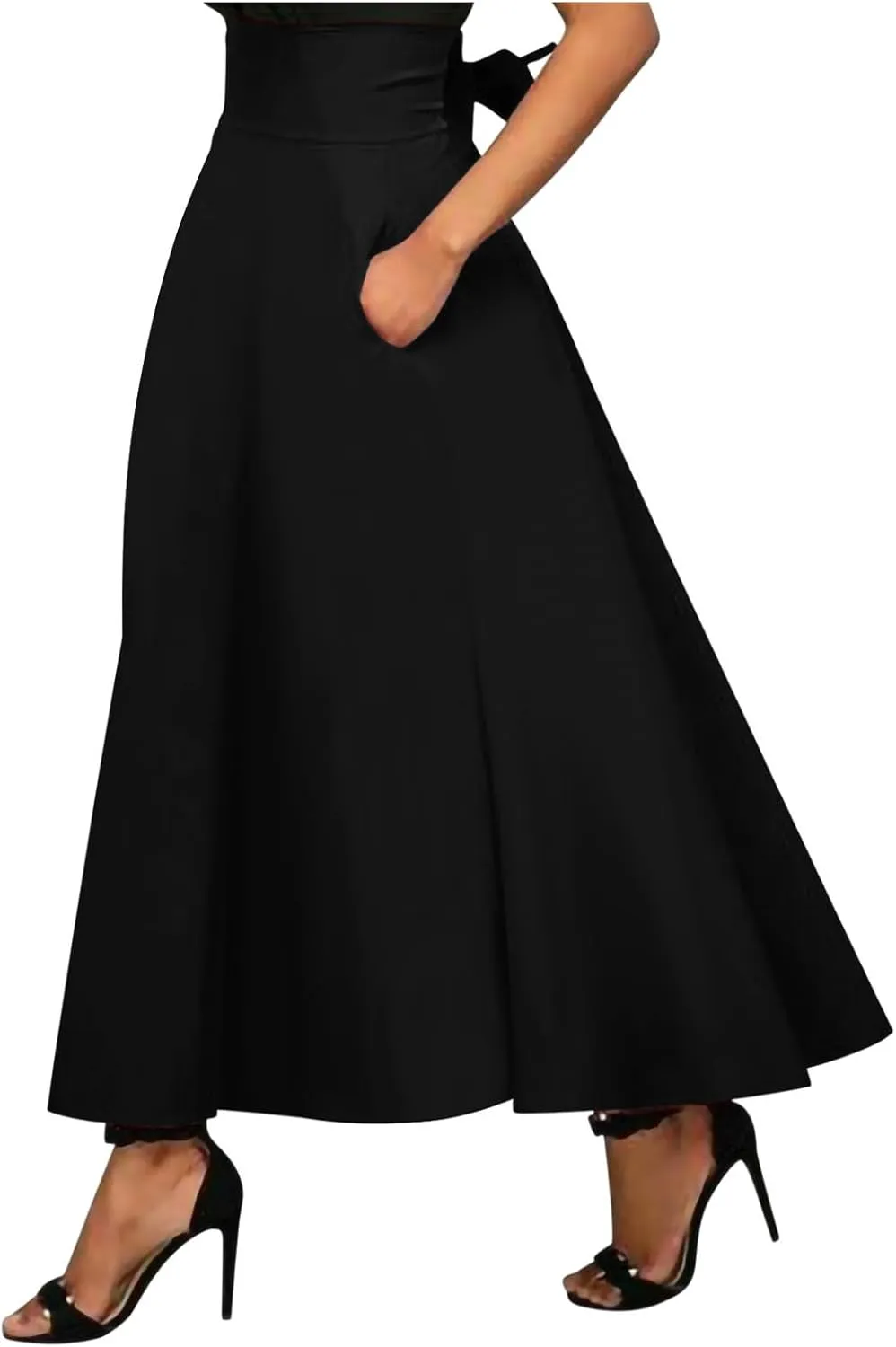 Women's High Waisted A line Street Skirt Skater Pleated Full Maxi Skirt Ankle Length Flowy Vintage Skirt with Pockets