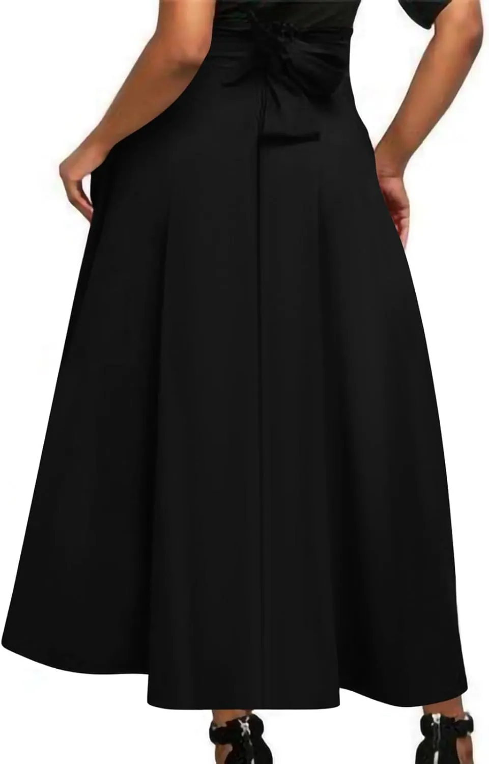 Women's High Waisted A line Street Skirt Skater Pleated Full Maxi Skirt Ankle Length Flowy Vintage Skirt with Pockets