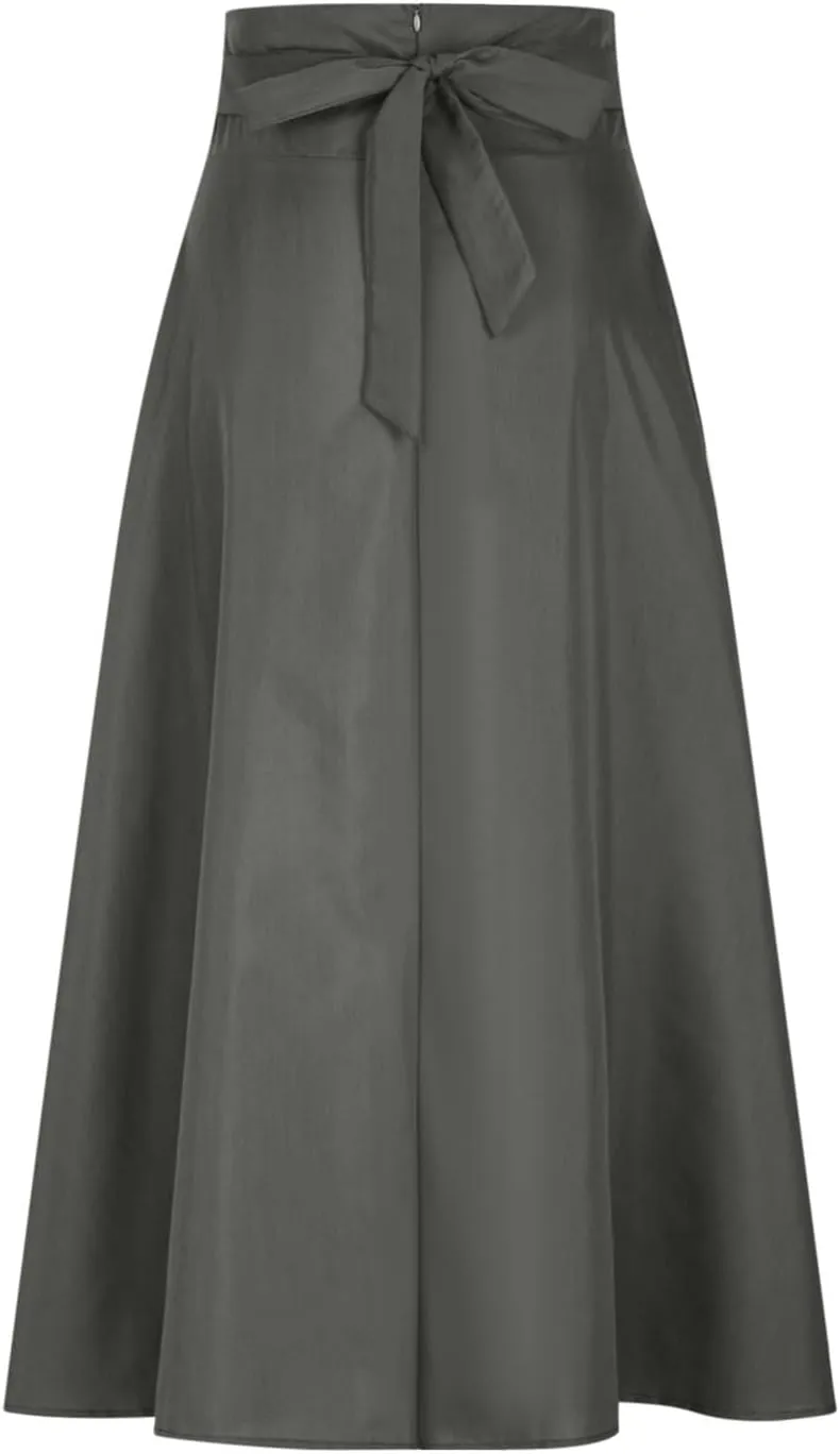 Women's High Waisted A line Street Skirt Skater Pleated Full Maxi Skirt Ankle Length Flowy Vintage Skirt with Pockets