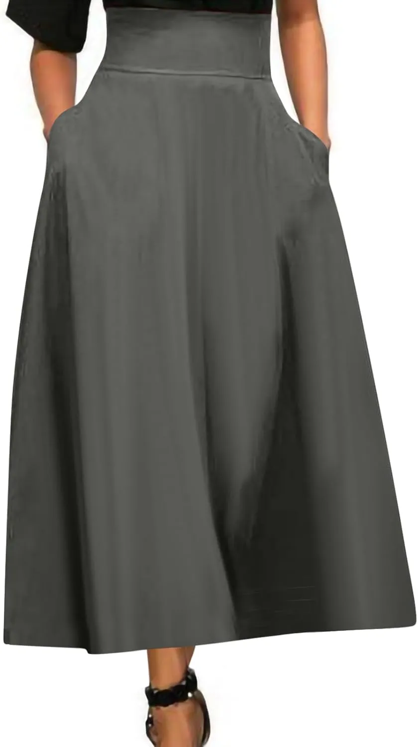 Women's High Waisted A line Street Skirt Skater Pleated Full Maxi Skirt Ankle Length Flowy Vintage Skirt with Pockets
