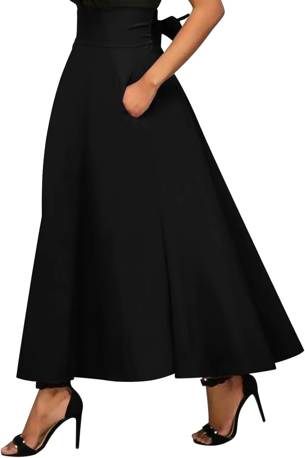 Women's High Waisted A line Street Skirt Skater Pleated Full Maxi Skirt Ankle Length Flowy Vintage Skirt with Pockets