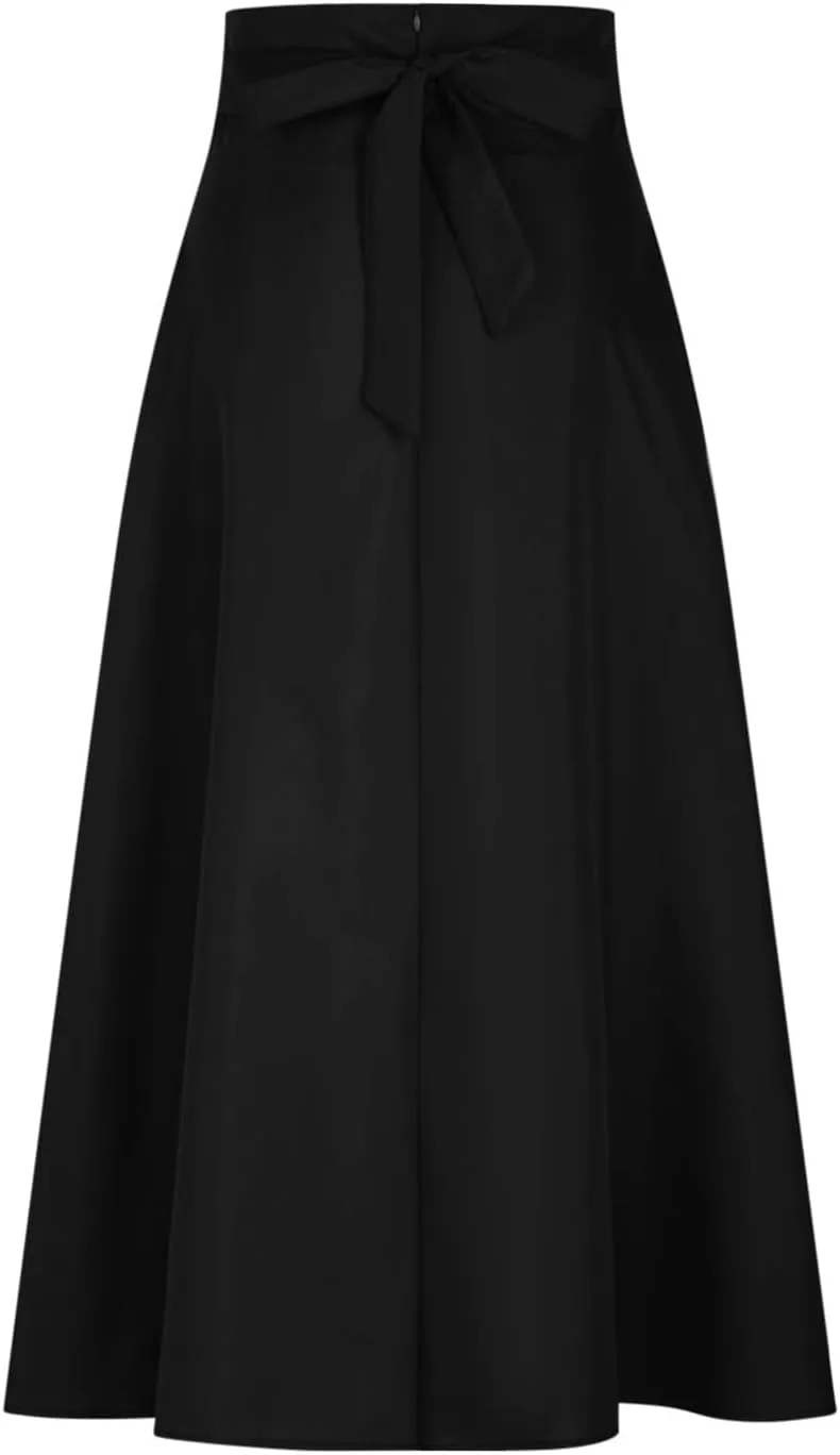 Women's High Waisted A line Street Skirt Skater Pleated Full Maxi Skirt Ankle Length Flowy Vintage Skirt with Pockets