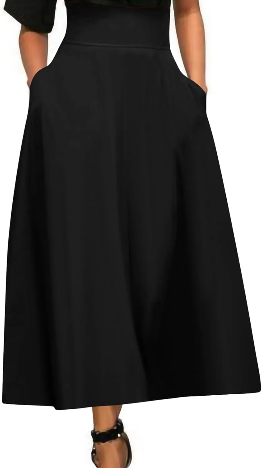 Women's High Waisted A line Street Skirt Skater Pleated Full Maxi Skirt Ankle Length Flowy Vintage Skirt with Pockets