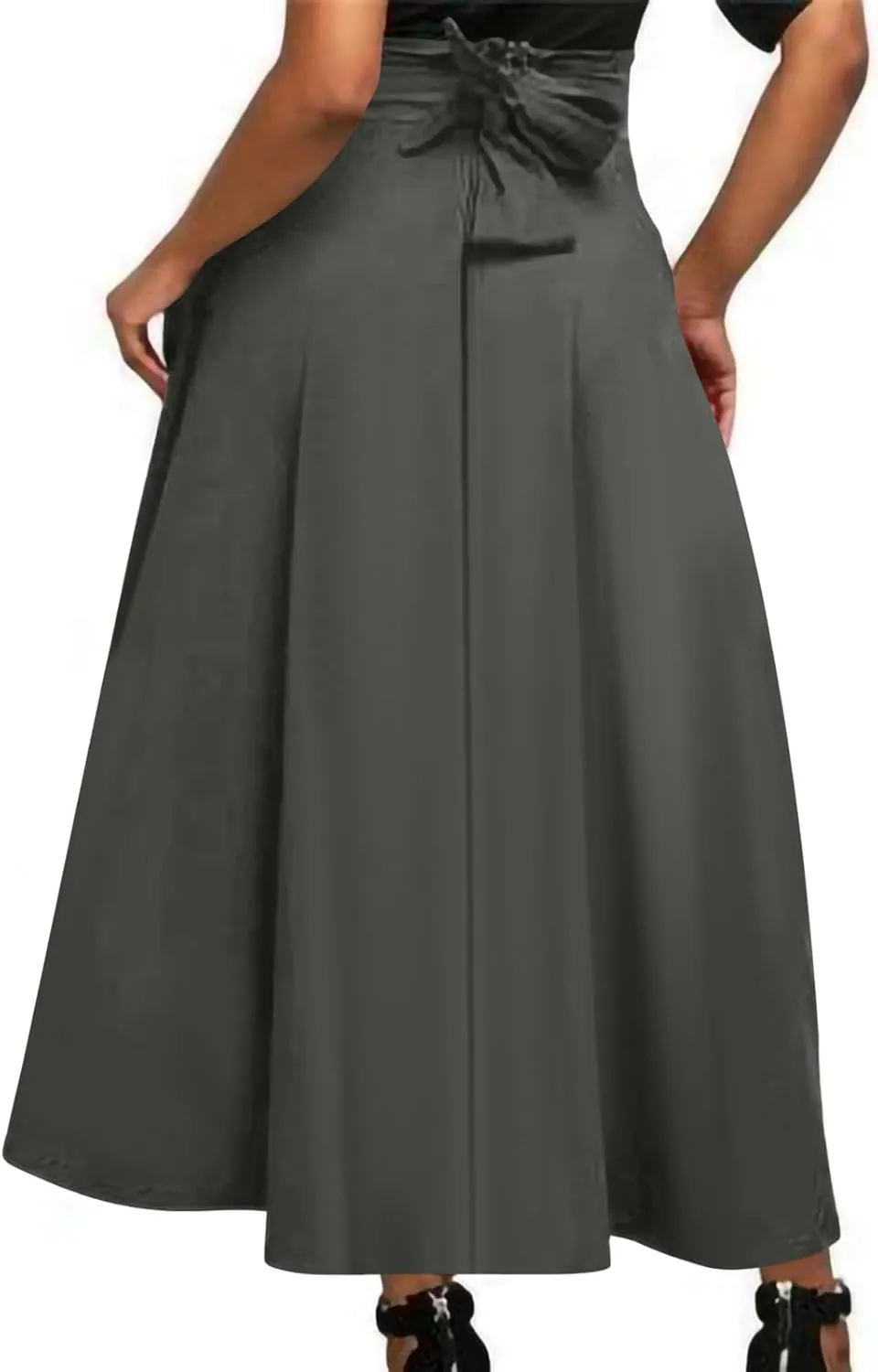 Women's High Waisted A line Street Skirt Skater Pleated Full Maxi Skirt Ankle Length Flowy Vintage Skirt with Pockets