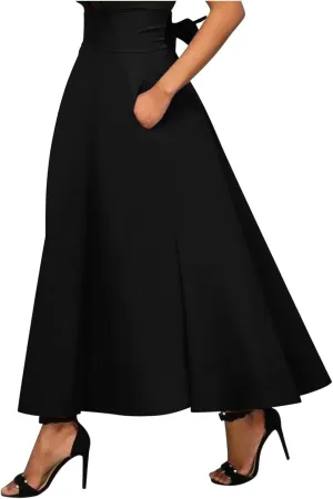 Women's High Waisted A line Street Skirt Skater Pleated Full Maxi Skirt Ankle Length Flowy Vintage Skirt with Pockets