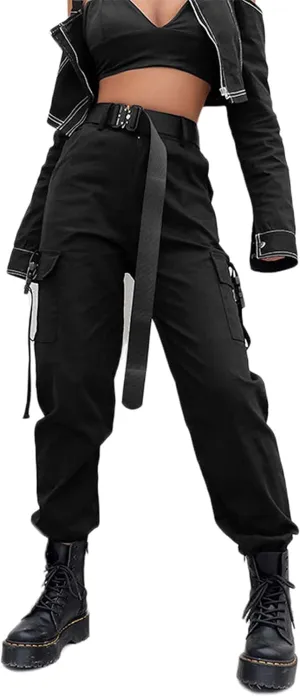 Womens High Waisted Black Cargo Pants with Pockets Baggy Solid Y2k Streetwear Pants