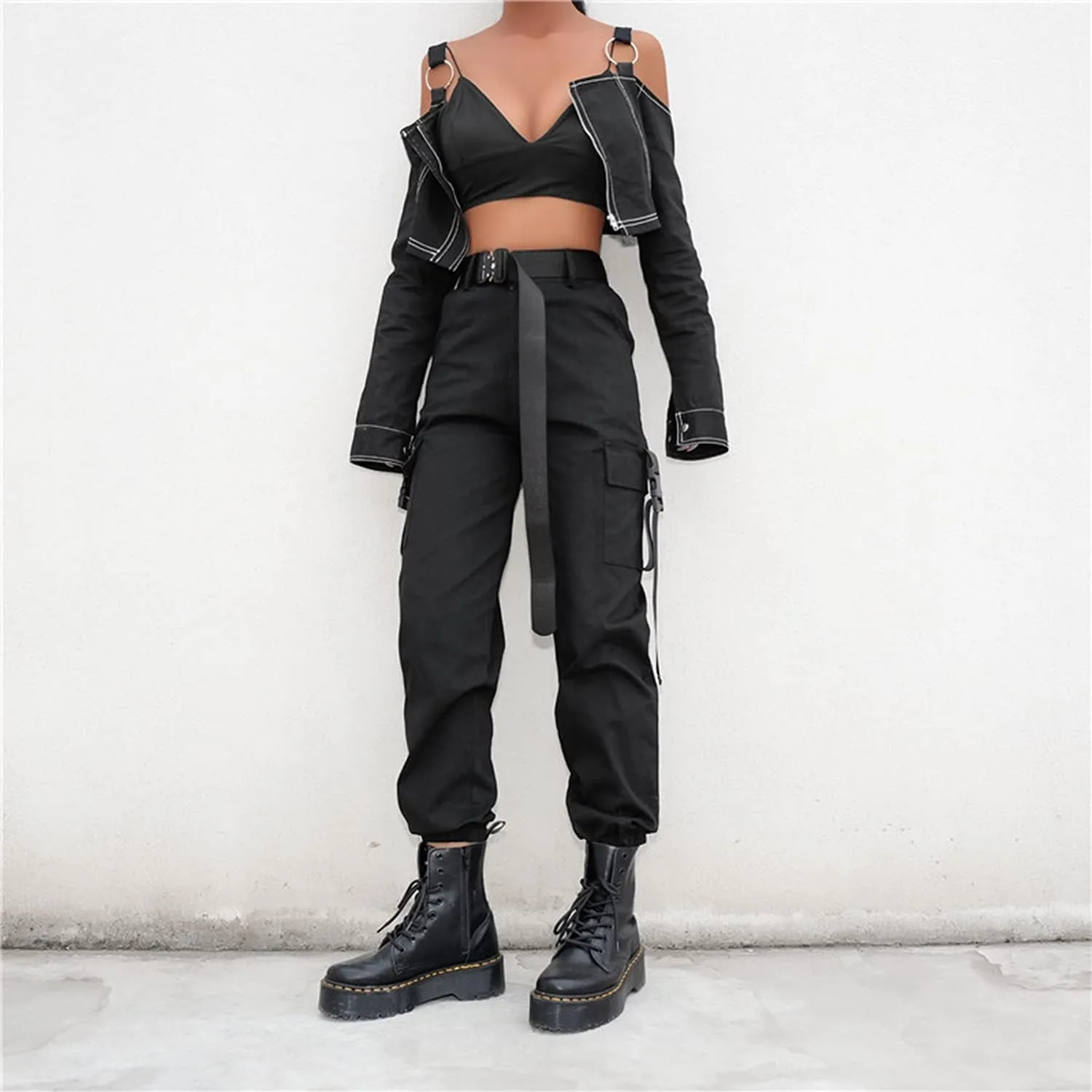 Womens High Waisted Black Cargo Pants with Pockets Baggy Solid Y2k Streetwear Pants