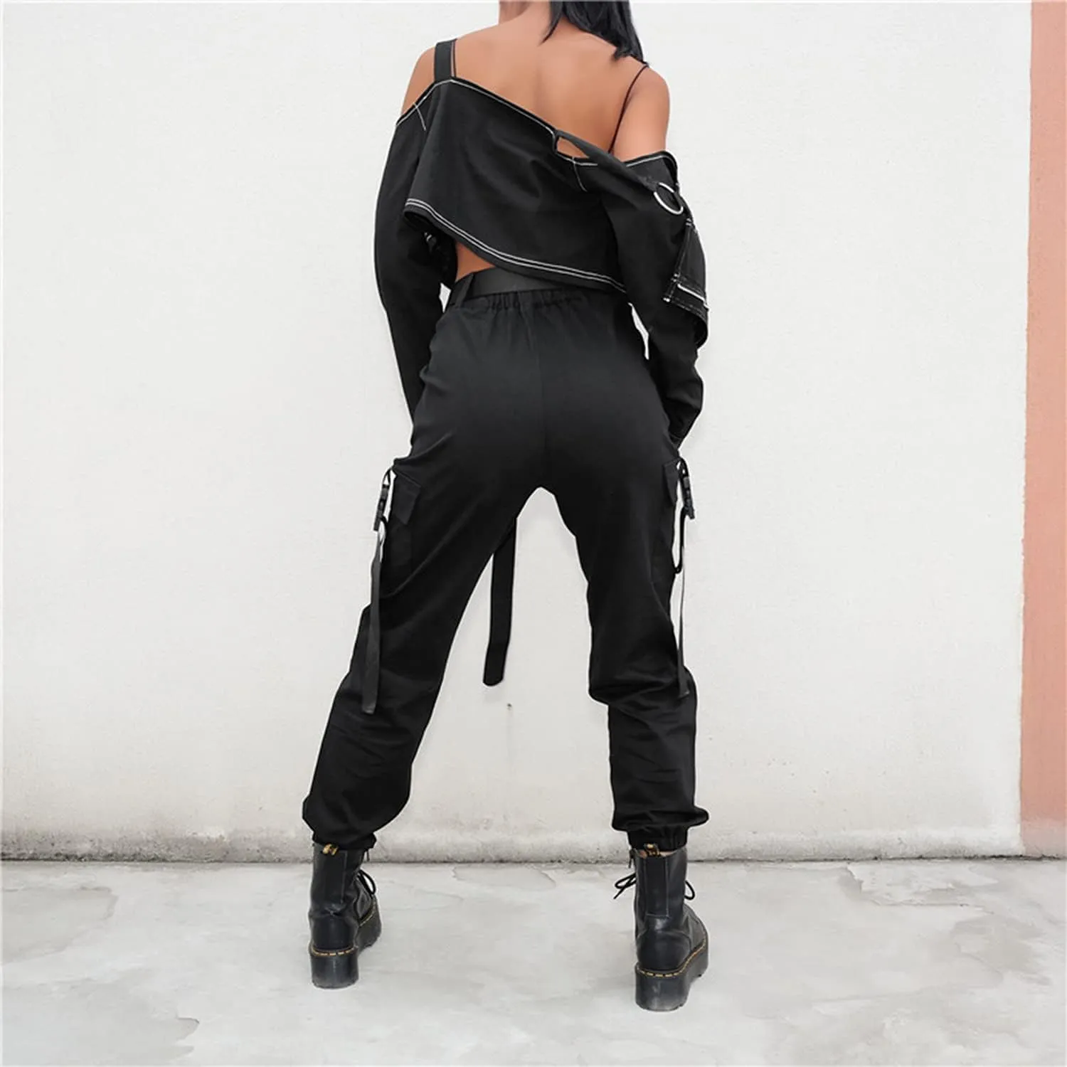 Womens High Waisted Black Cargo Pants with Pockets Baggy Solid Y2k Streetwear Pants