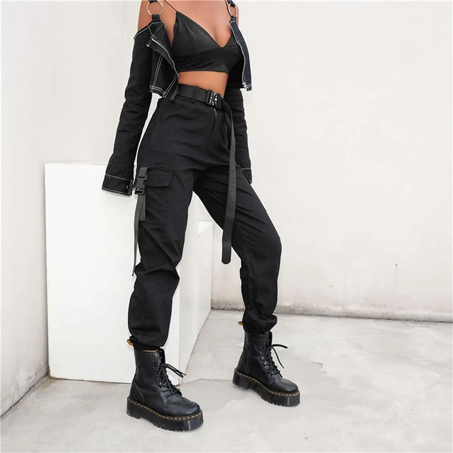 Womens High Waisted Black Cargo Pants with Pockets Baggy Solid Y2k Streetwear Pants