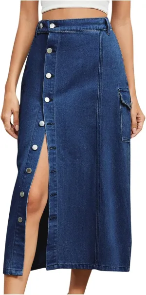 Womens Jean Skirt Casual High Waisted Button Side Slit Long Denim Skirts Trendy A-Line Work Midi Skirts with Pockets