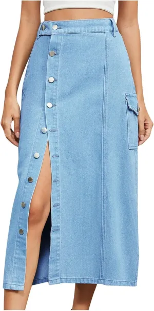 Womens Jean Skirt Casual High Waisted Button Side Slit Long Denim Skirts Trendy A-Line Work Midi Skirts with Pockets