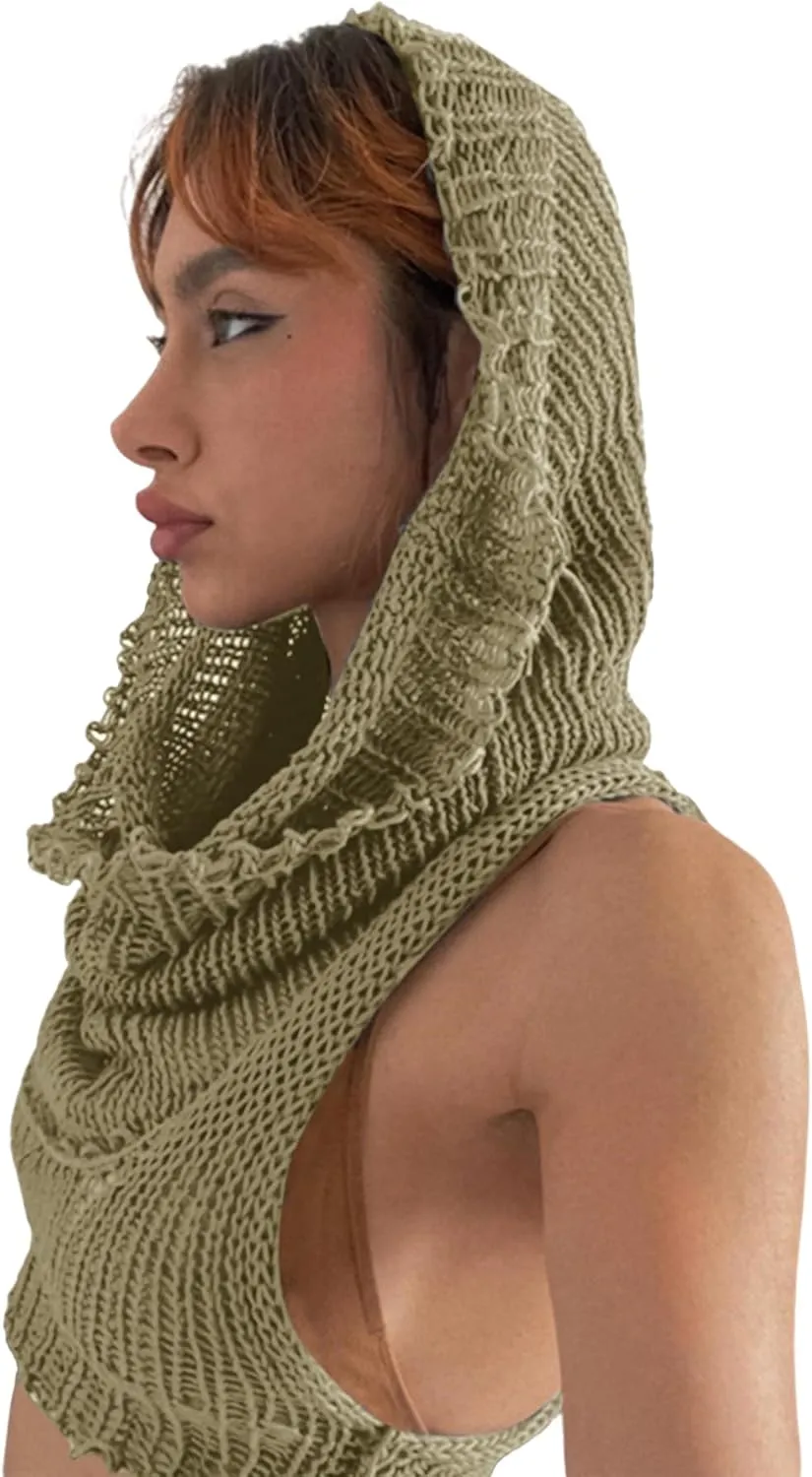 Women's Knitted Hoodie Sweater Vest Sexy Sleeveless Hollow Out Hooded Crop Top Draped Sweatshirt Streetwear