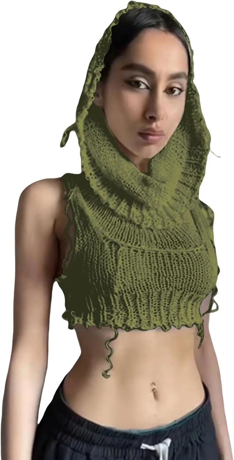 Women's Knitted Hoodie Sweater Vest Sexy Sleeveless Hollow Out Hooded Crop Top Draped Sweatshirt Streetwear