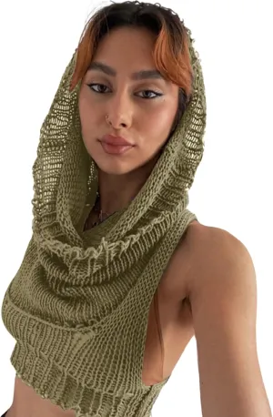 Women's Knitted Hoodie Sweater Vest Sexy Sleeveless Hollow Out Hooded Crop Top Draped Sweatshirt Streetwear