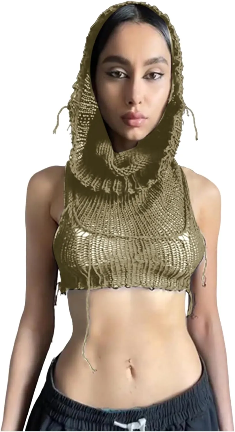 Women's Knitted Hoodie Sweater Vest Sexy Sleeveless Hollow Out Hooded Crop Top Draped Sweatshirt Streetwear