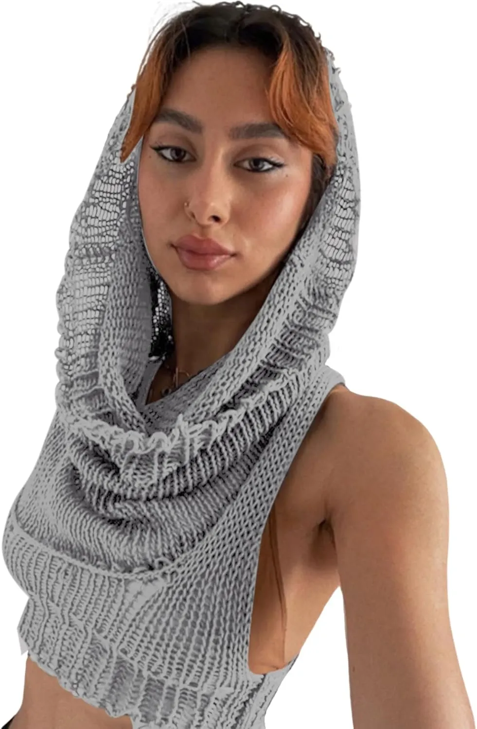 Women's Knitted Hoodie Sweater Vest Sexy Sleeveless Hollow Out Hooded Crop Top Draped Sweatshirt Streetwear